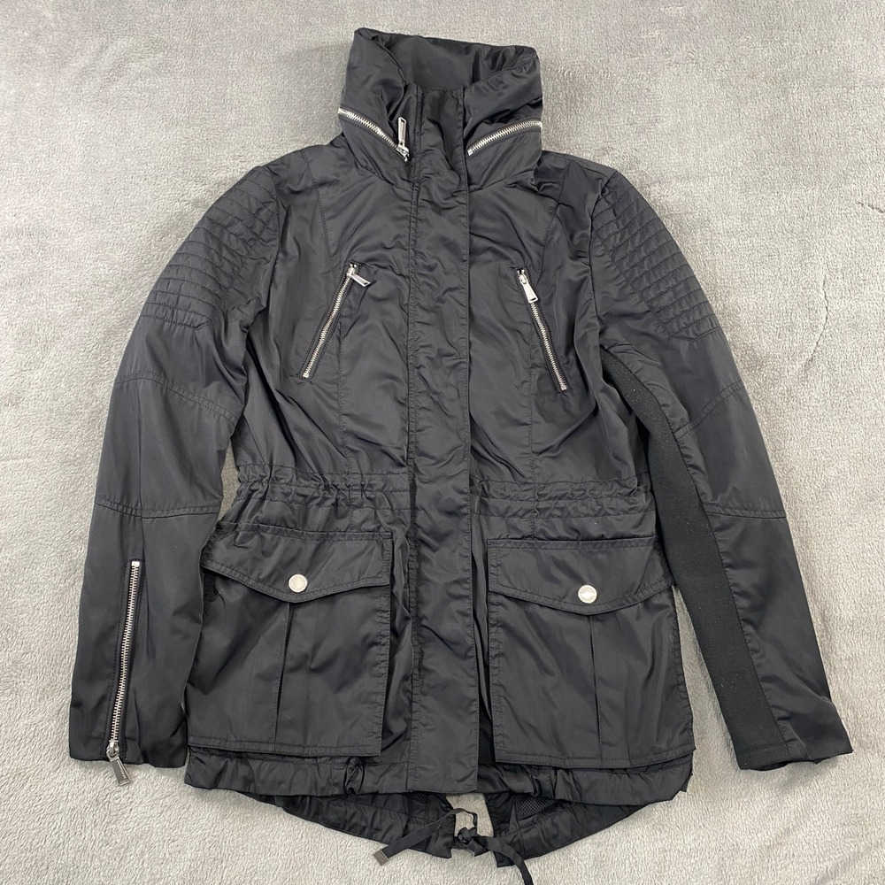 BCBGMAXAZRIA Black Hooded Utility Parka Jacket Womens S Drawstring Waist Pockets